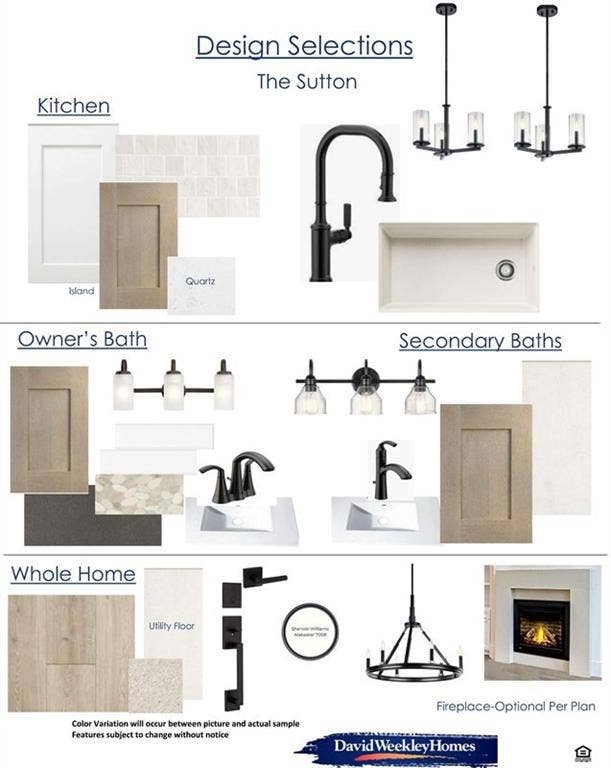 Design Selections, The Sutton. Illustrating material and fixture selections for the kitchen, owner's bath, secondary baths, and whole property