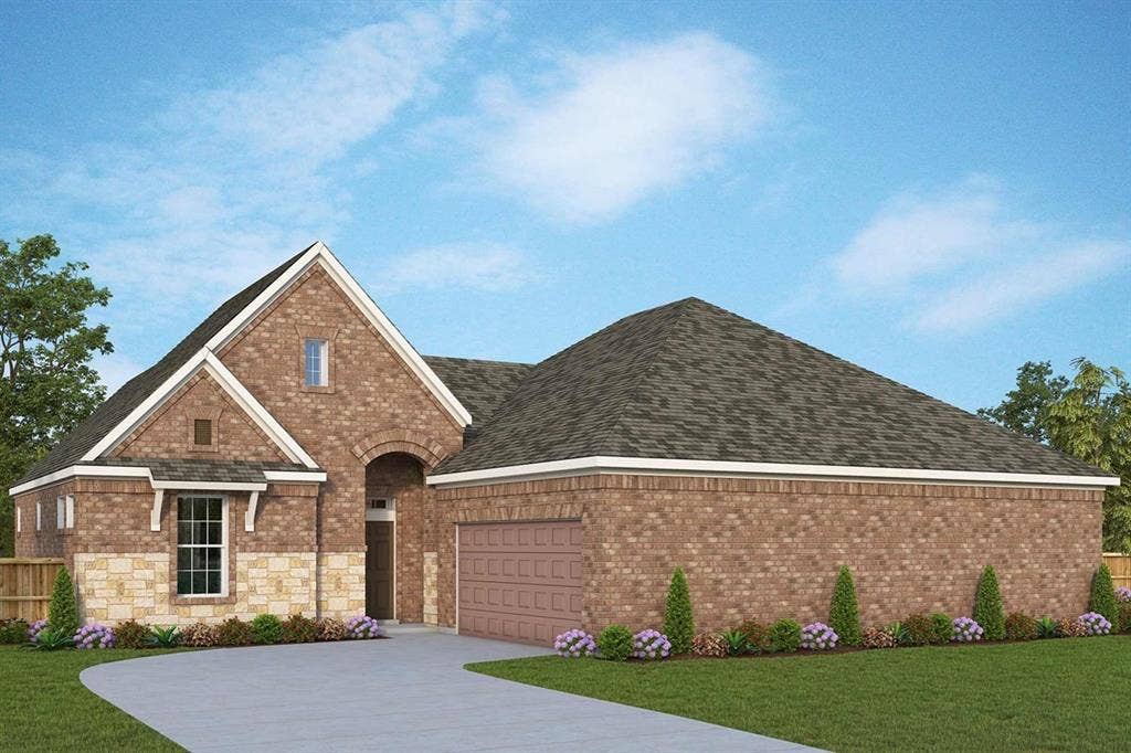 Brick and stone exterior with a gabled roofline and an arched entry