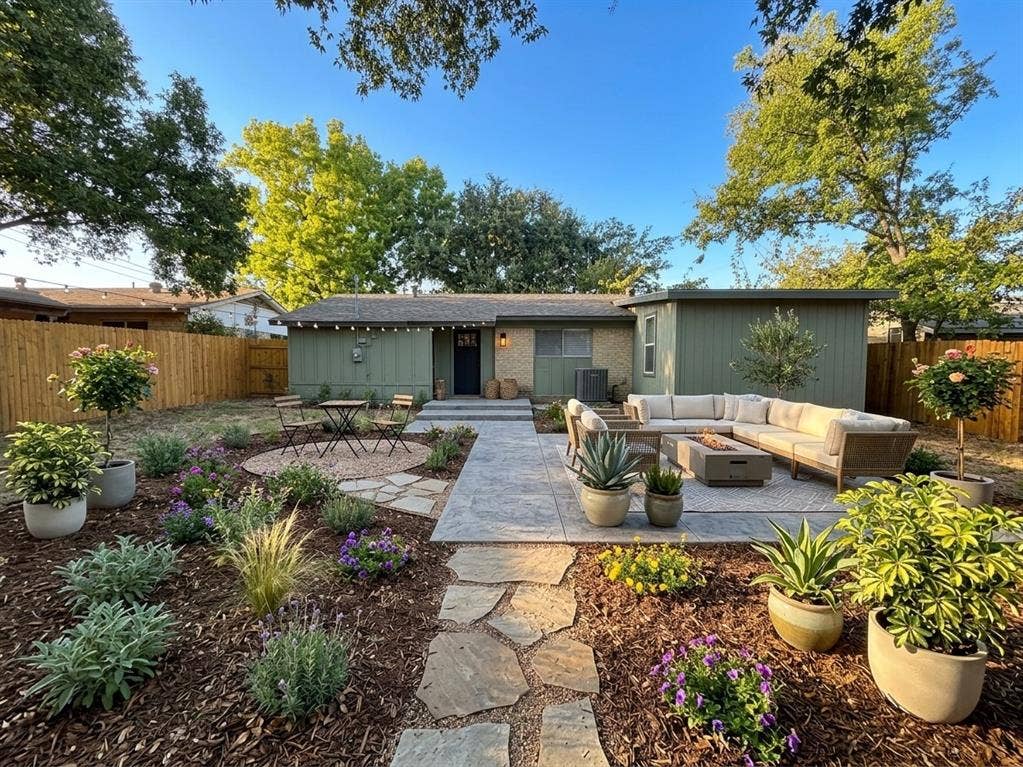 1424 E Parker Road, Plano, TX 75074 Expansive backyard featuring a stone paver patio, a gravel seating area, a wood chip garden bed with diverse plantings, and a privacy fence