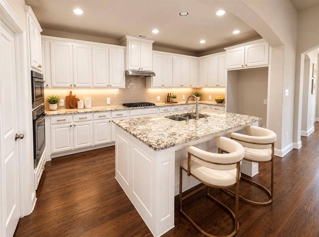 16116 Plum Court, Prosper, TX 75078 White cabinetry with under-cabinet lighting, stainless steel double ovens, a kitchen island with granite countertop, a double basin sink, and wood-finish flooring
