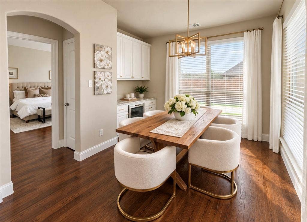 16116 Plum Court, Prosper, TX 75078 Wood-finish flooring, built-in cabinetry, recessed lighting, and a geometric chandelier