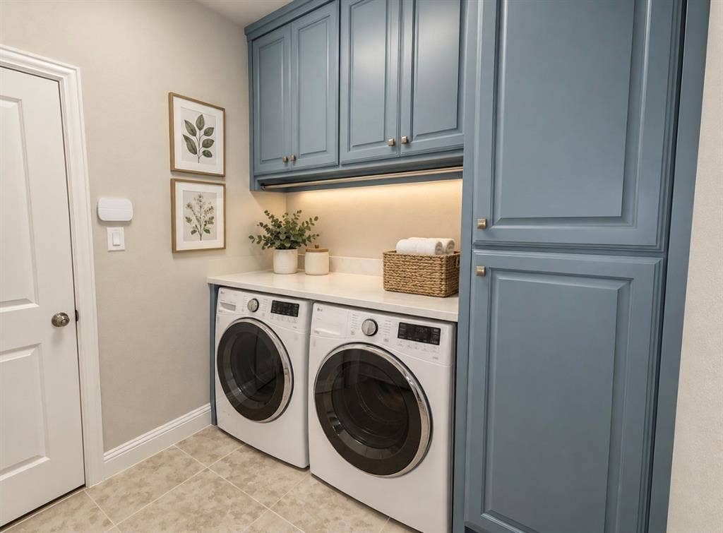 16116 Plum Court, Prosper, TX 75078 Custom blue cabinetry, undermount lighting, white countertop, tile flooring, and a white paneled door