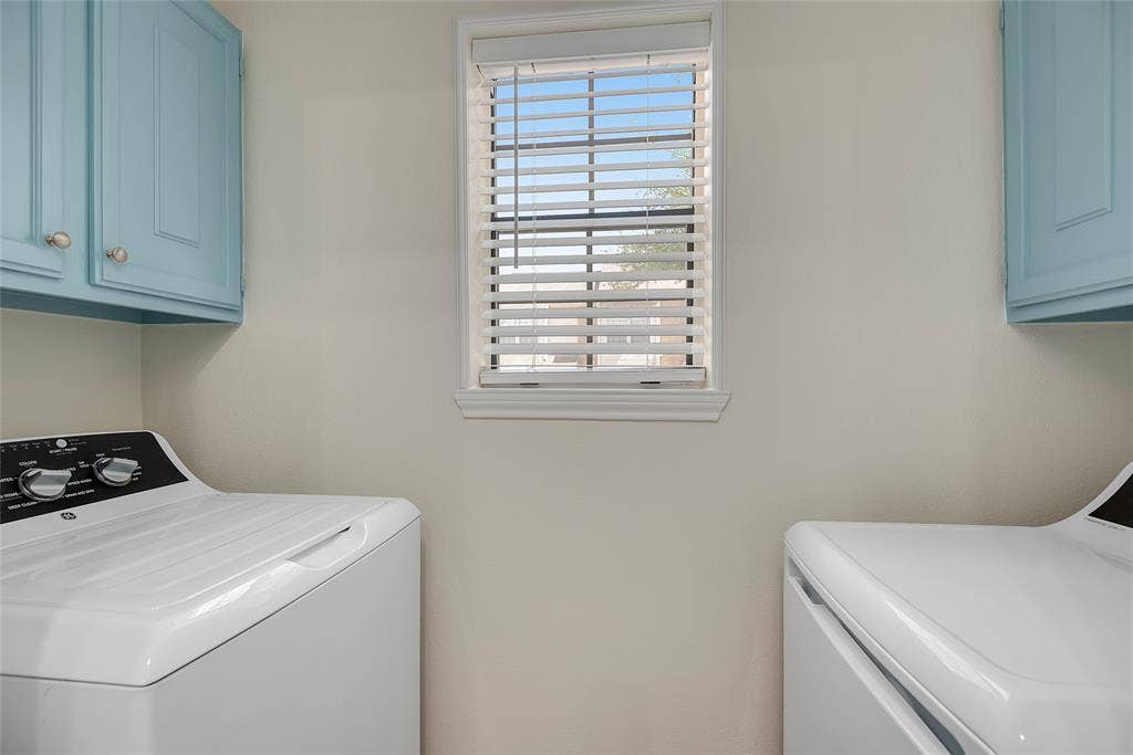 3635 Garden Brook Drive, #20200L, Farmers Branch, TX 75234 Built-in blue cabinetry with knob hardware, window with blinds, light wall paint color