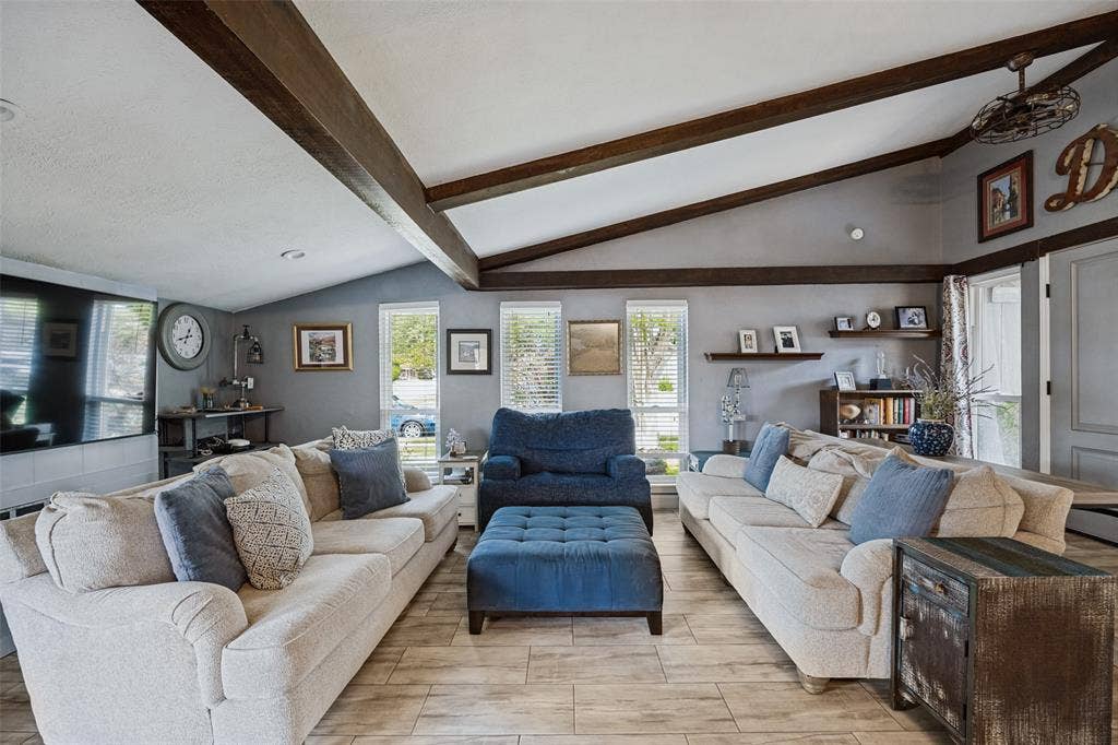 1216 Lombardy Drive, Plano, TX 75023 Vaulted ceiling with exposed wood beams, wood-finish flooring, and recessed lighting
