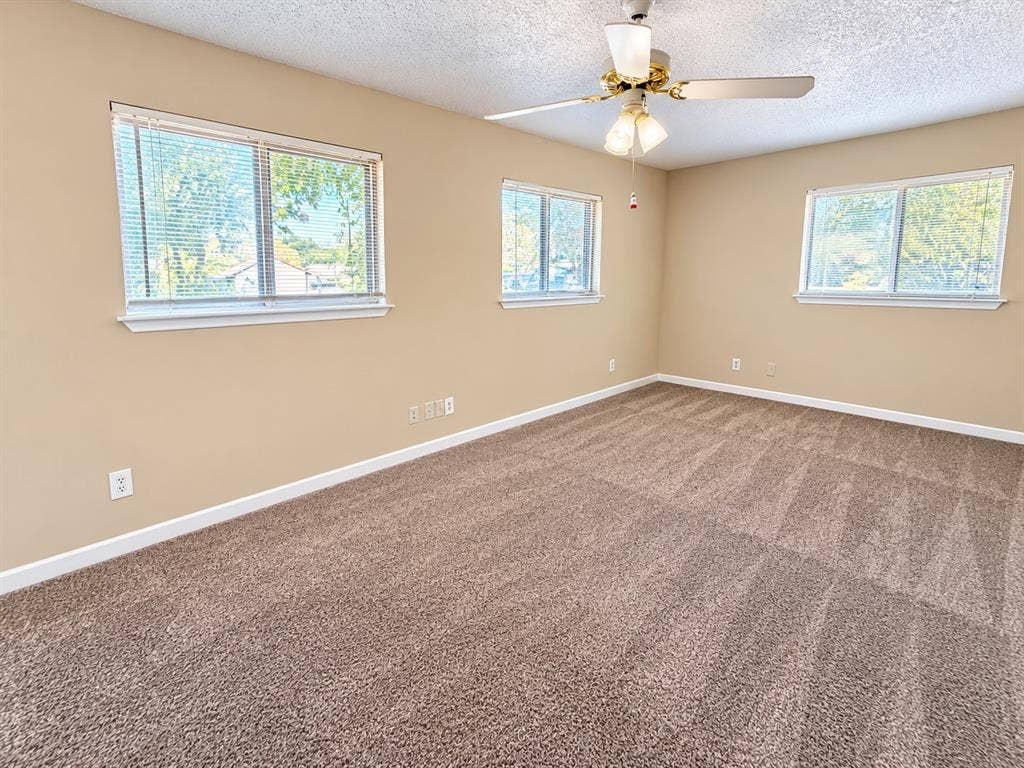 1500 Sherrye Drive, Plano, TX 75074 Neutral-toned walls, textured ceiling, brown carpet flooring, and three windows with blinds