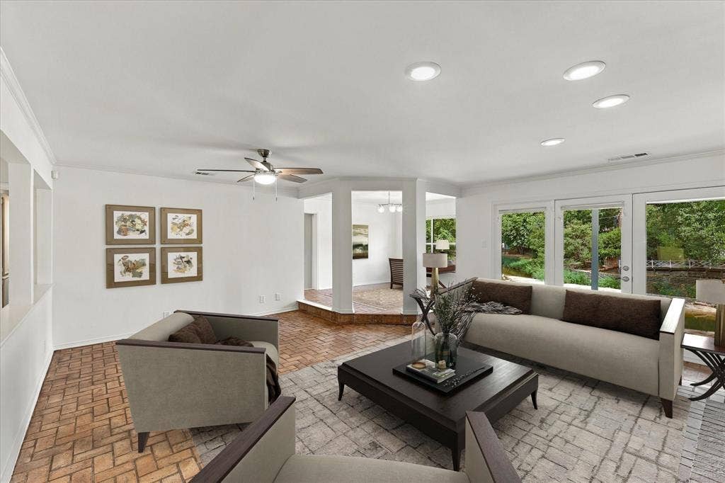 2811 Reedcroft Drive, Farmers Branch, TX 75234 Recessed lighting, wood-finish ceiling fan, and extensive glass doors