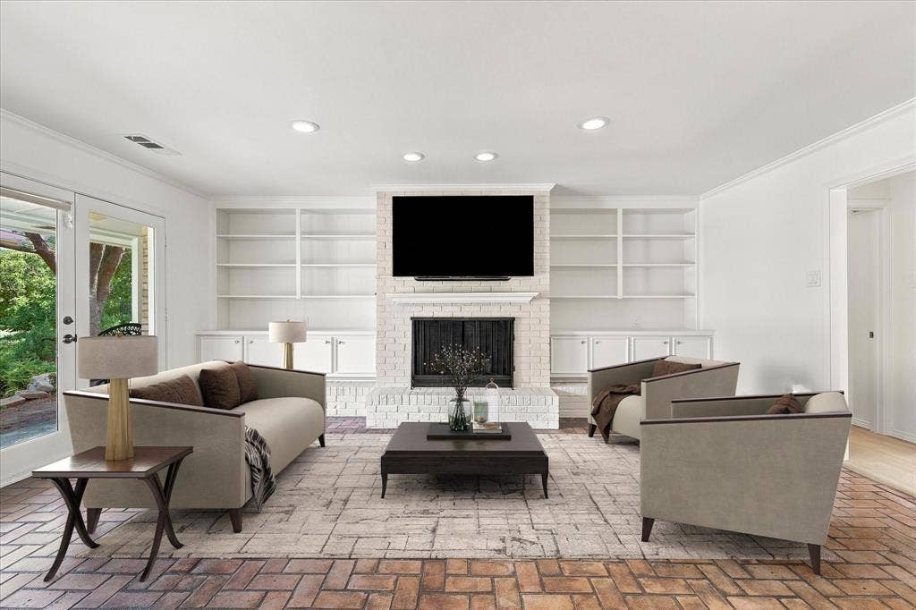 2811 Reedcroft Drive, Farmers Branch, TX 75234 Brick flooring, built-in shelving, recessed lighting, and a brick fireplace