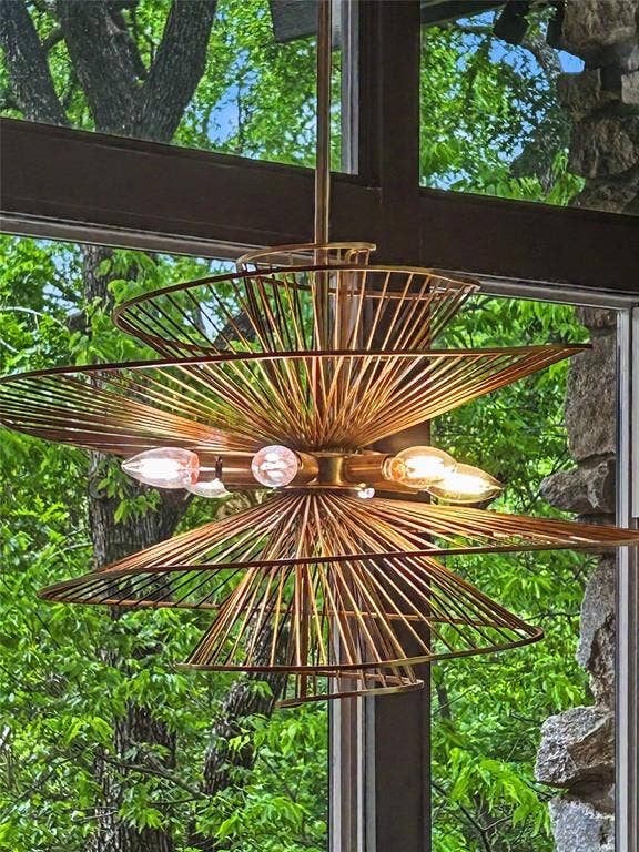 11737 Rogue Way, Dallas, TX 75218 Brass spiraled chandelier against a wall of foliage