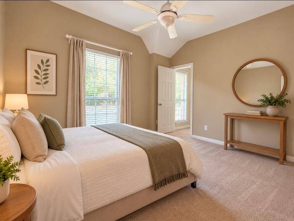 3708 Stockport Drive, Plano, TX 75025 Vaulted ceiling with a ceiling fan, window with blinds and drapes, wall-to-wall carpeting, and a wooden console table