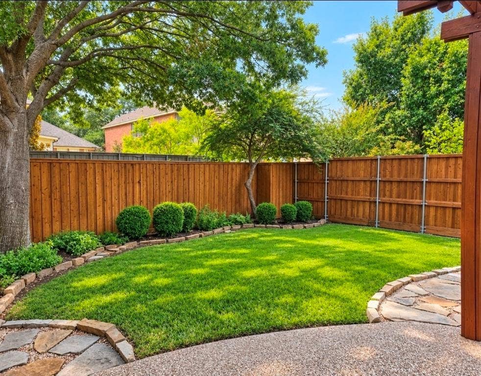 3708 Stockport Drive, Plano, TX 75025 Expansive backyard featuring a lush lawn, privacy fencing, mature trees, and stone-edged landscaping