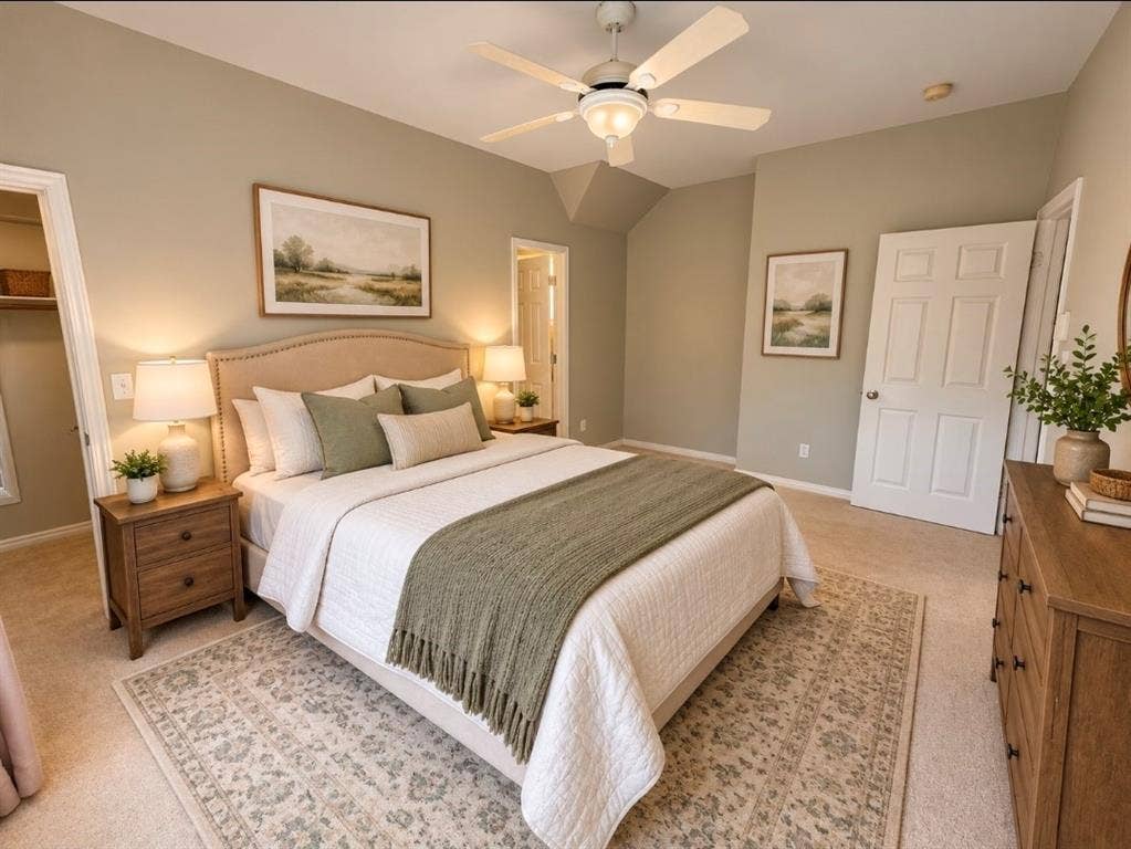 3708 Stockport Drive, Plano, TX 75025 Carpeted bedroom featuring an upholstered headboard, a ceiling fan with integrated lighting, and a paneled door