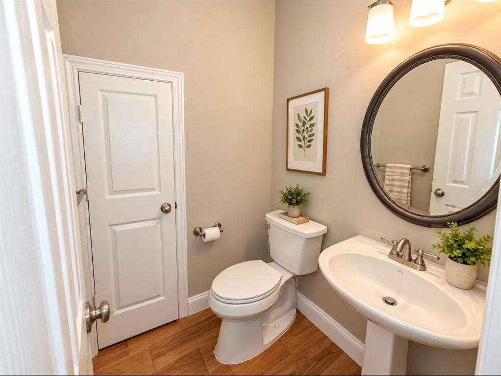 3708 Stockport Drive, Plano, TX 75025 Pedestal sink with brushed nickel faucet, wood-finish flooring, and a circular framed mirror with a three-light vanity fixture