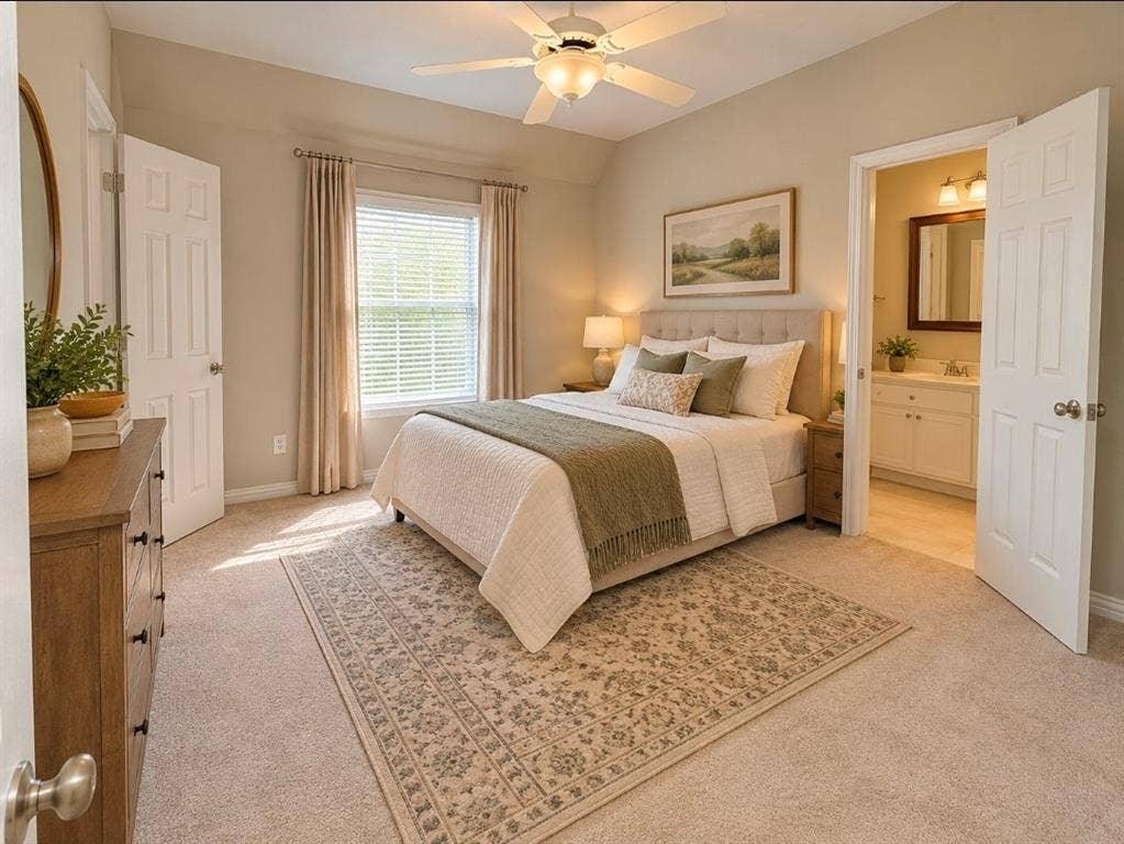 3708 Stockport Drive, Plano, TX 75025 Carpeted room with a ceiling fan, window with blinds, and white paneled doors