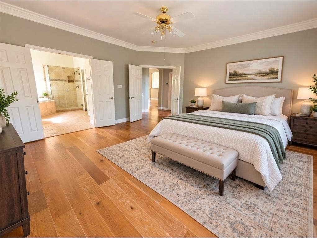 3708 Stockport Drive, Plano, TX 75025 Hardwood flooring, crown molding, and a ceiling fan with light fixture
