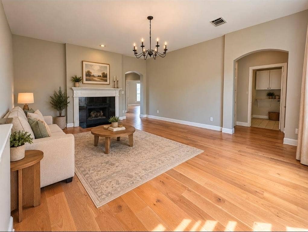 3708 Stockport Drive, Plano, TX 75025 Expansive living area featuring light wood-finish flooring, a central fireplace with a white mantel, and an arched doorway