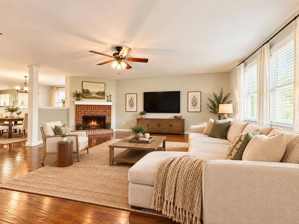 Open concept living space featuring a brick fireplace, hardwood look flooring, and multiple windows, virtual staged
