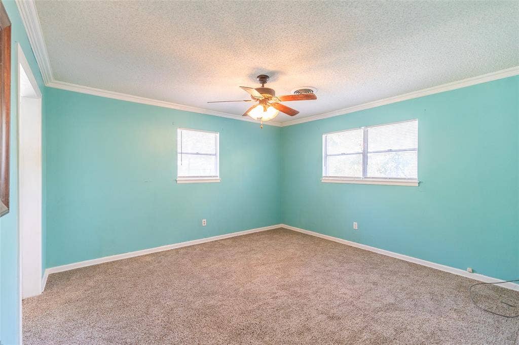 Spacious room featuring broadloom carpet, a ceiling fan with integrated lighting, and two windows providing natural illumination
