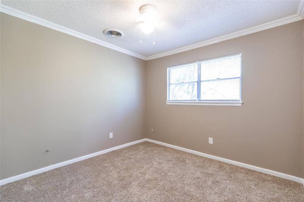 Wall-to-wall carpeting, crown molding, double window, ceiling fan, and neutral wall tones