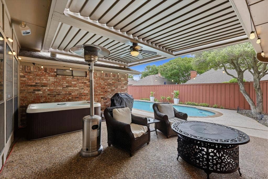 1516 Glastonbury Drive, Plano, TX 75075 patio with levered roof, hot tub that will come with the home and pool