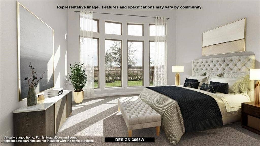 4237 Capstone Road, Midlothian, TX 76065 Expansive multi-pane windows, tufted upholstered headboard, built-in lower cabinetry with a light-toned countertop, and light-toned carpet