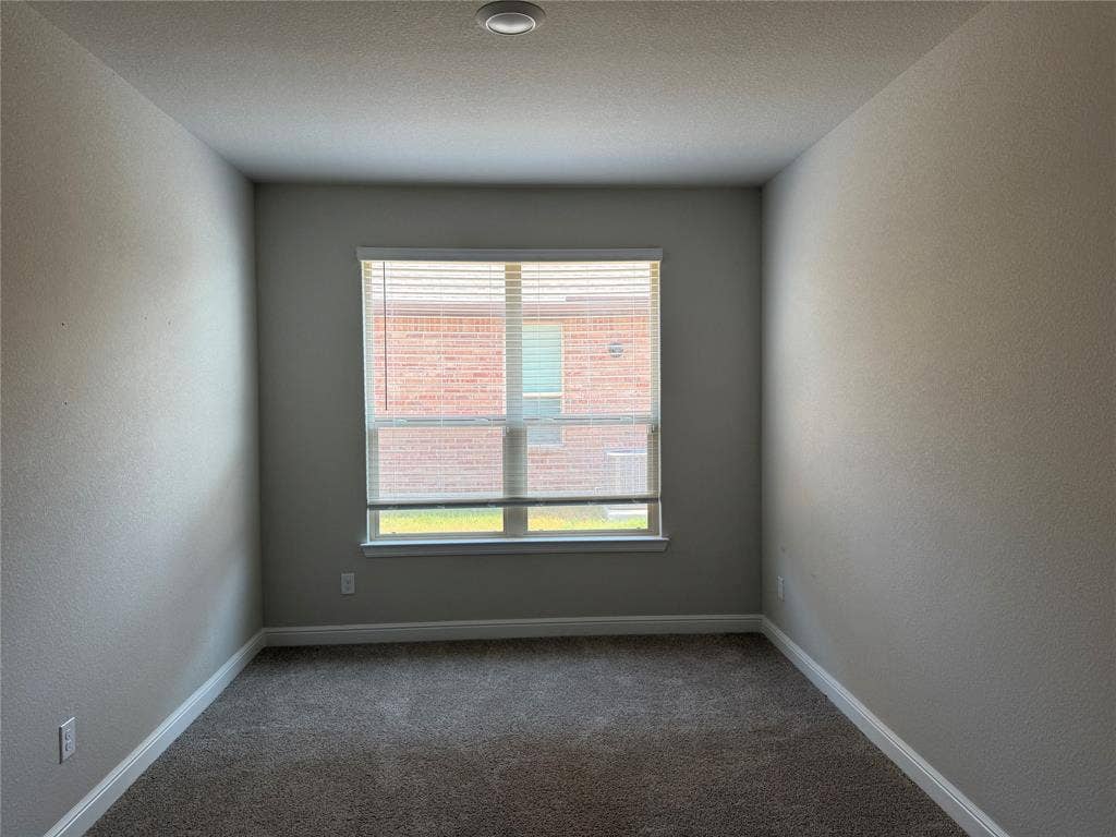 5213 Meadow Lane, Krum, TX 76249 Recessed ceiling light fixture, neutral wall color, white window trim, horizontal window blinds, and gray carpet