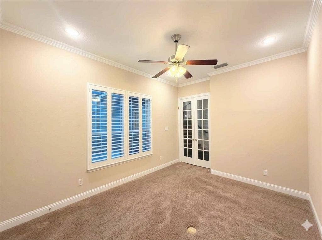 5917 Trantina Lane, Frisco, TX 75035 Recessed lighting, crown molding, ceiling fan, carpeted flooring, and white plantation shutters