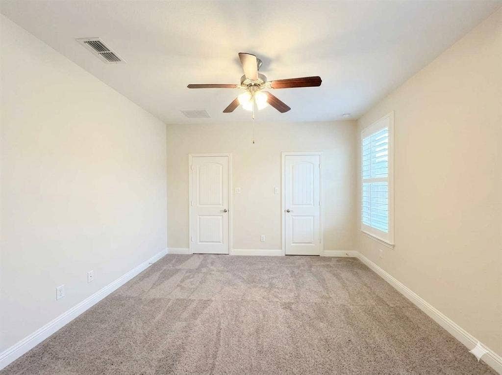 5917 Trantina Lane, Frisco, TX 75035 Recessed lighting, ceiling fan with light fixture, window with plantation shutters, and light-colored carpet flooring