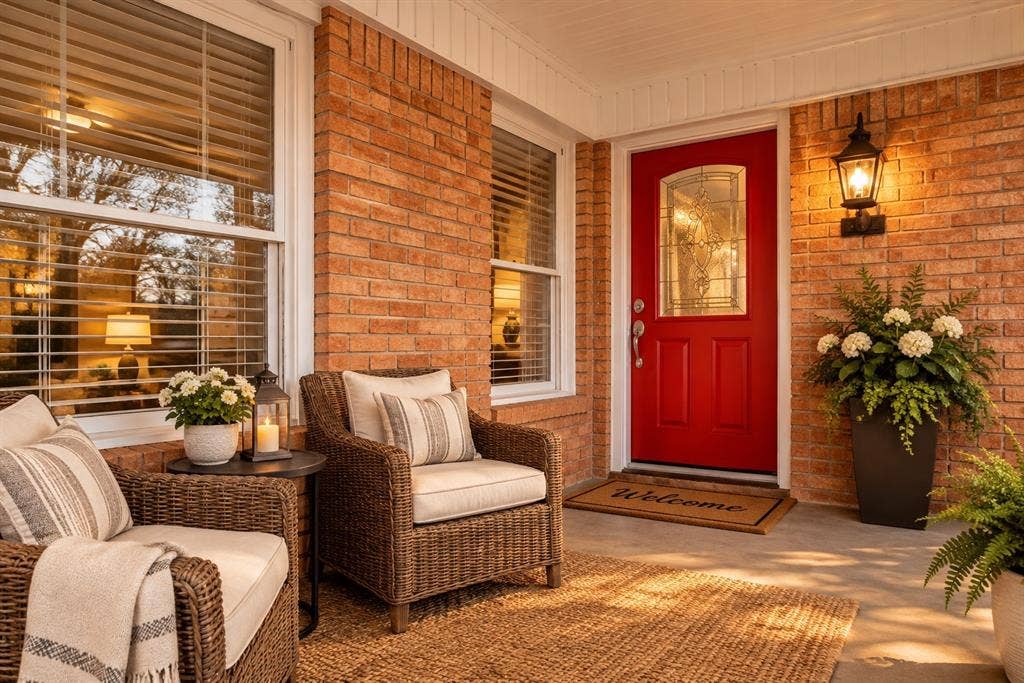 AI ENHANCED FOR IDEAS - Brick exterior, covered porch, red entry door with decorative glass, wall-mounted exterior lighting, and white window frames