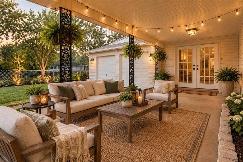 AI ENHANCED FOR IDEAS -Covered patio featuring string lighting, decorative metal support columns, a concrete floor, and direct access through double French doors