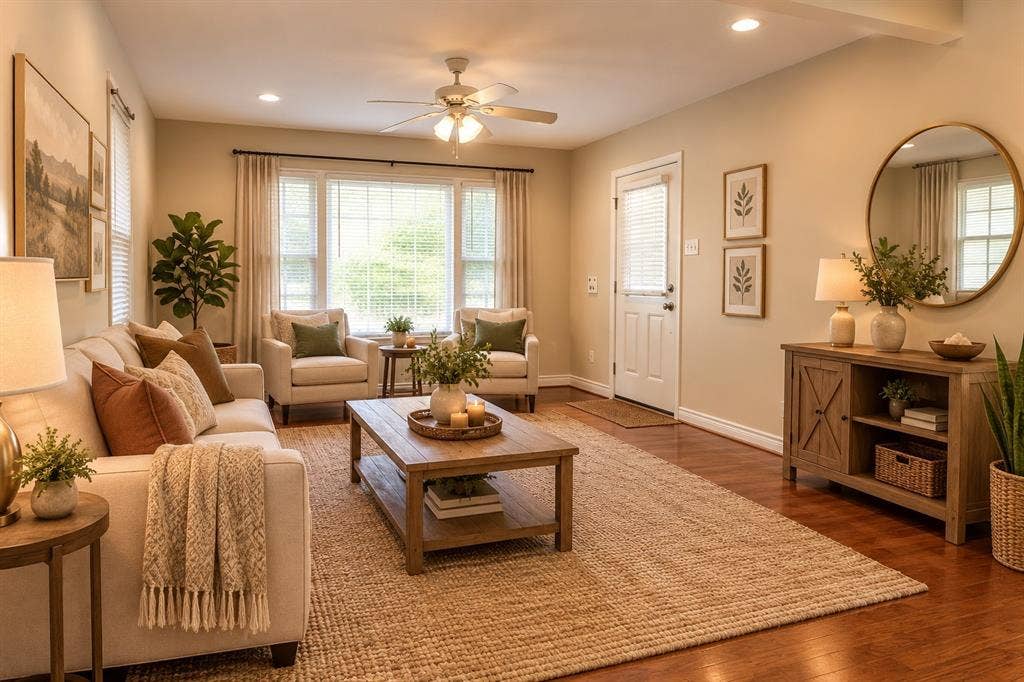 AI ENHANCED FOR IDEAS - Recessed ceiling lighting, ceiling fan, wood-finish flooring, multiple windows, and a panel door