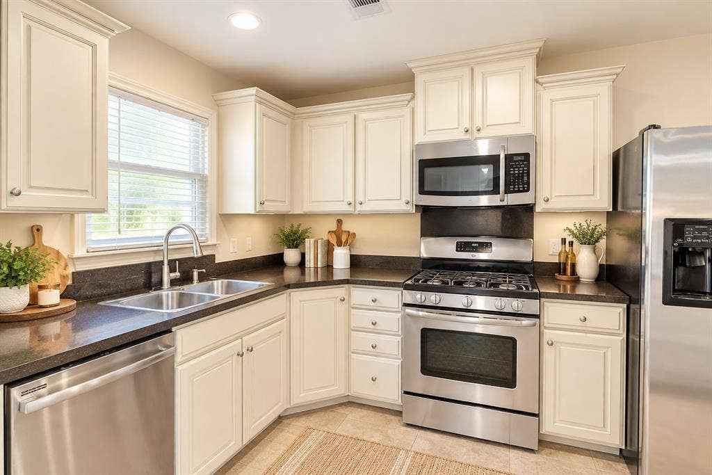 Kitchen featuring stainless steel appliances, cream cabinetry with crown molding, dark countertops, and a double basin sink