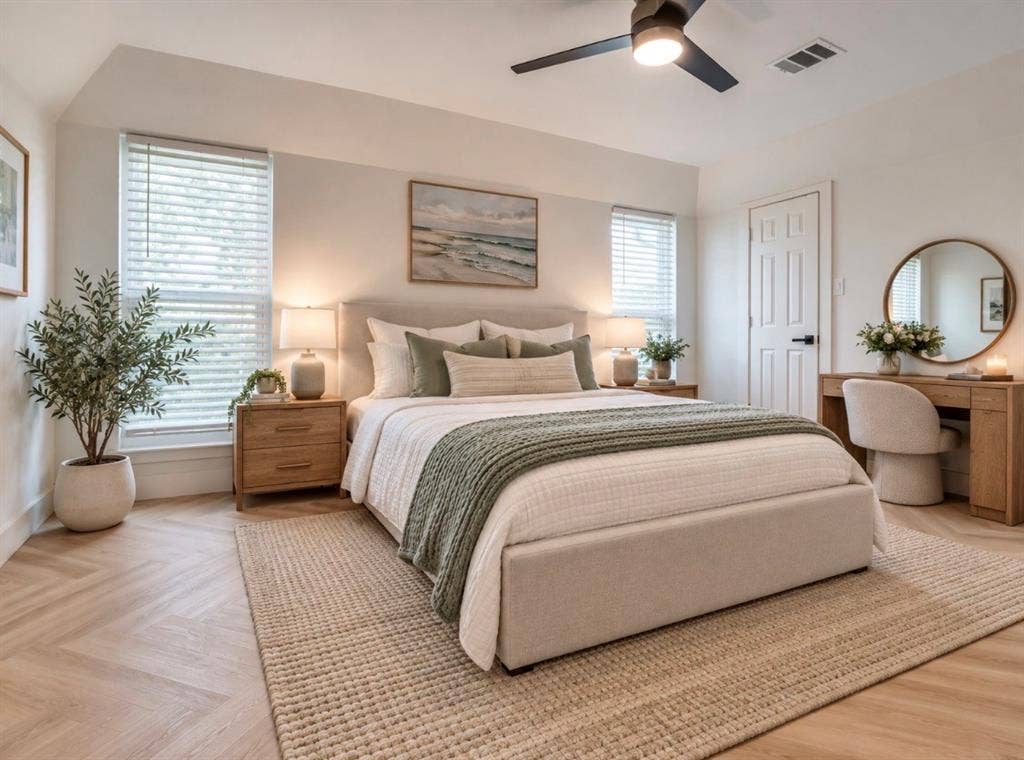 171 Wildwood Drive, DeSoto, TX 75115 Spacious primary bedroom with natural light, ceiling fan, and neutral finishes.