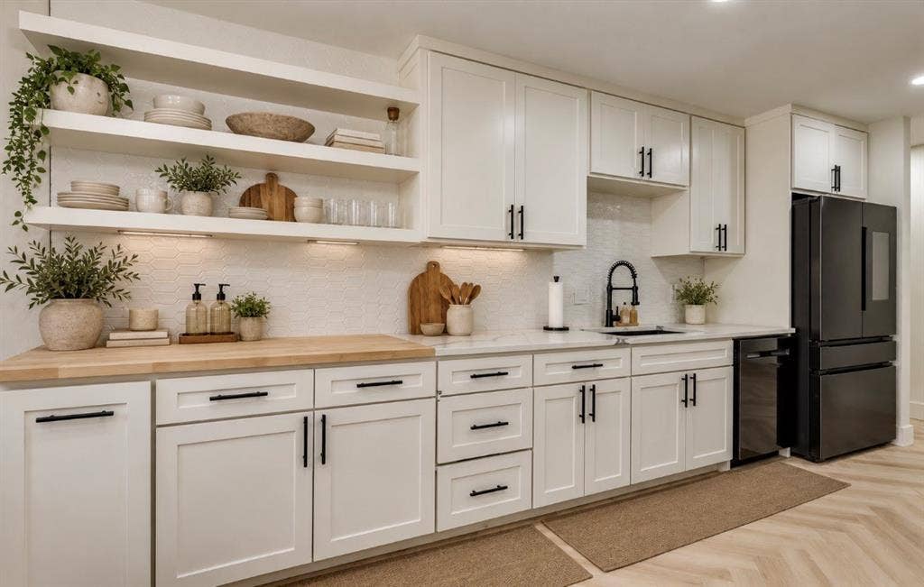 171 Wildwood Drive, DeSoto, TX 75115 Bright kitchen featuring white cabinetry, open shelving, ample counter space, and stainless steel appliances.