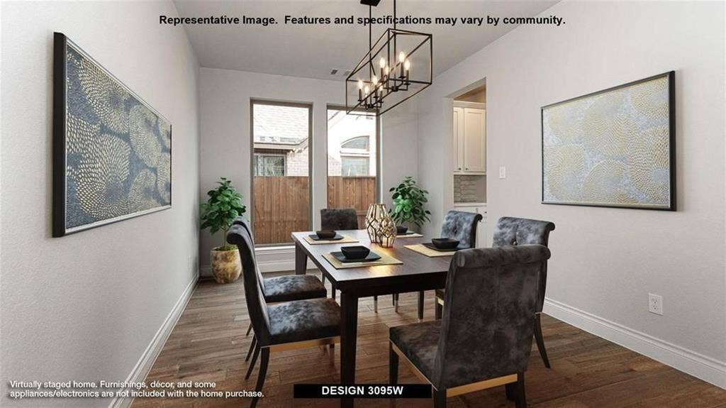 4237 Capstone Road, Midlothian, TX 76065 Wood-finish flooring, white wall paint, rectangular windows, and a black linear chandelier
