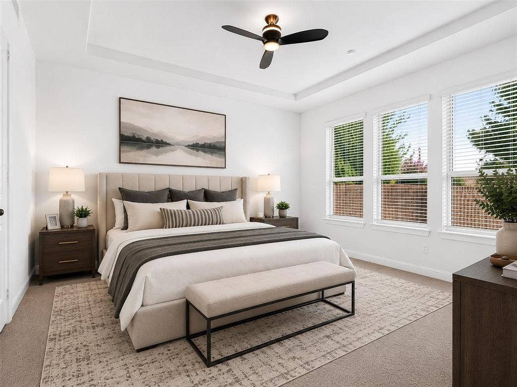 6504 Dynamite Drive, McKinney, TX 75070 Tray ceiling, contemporary ceiling fan, multiple windows with blinds, light-colored carpeting