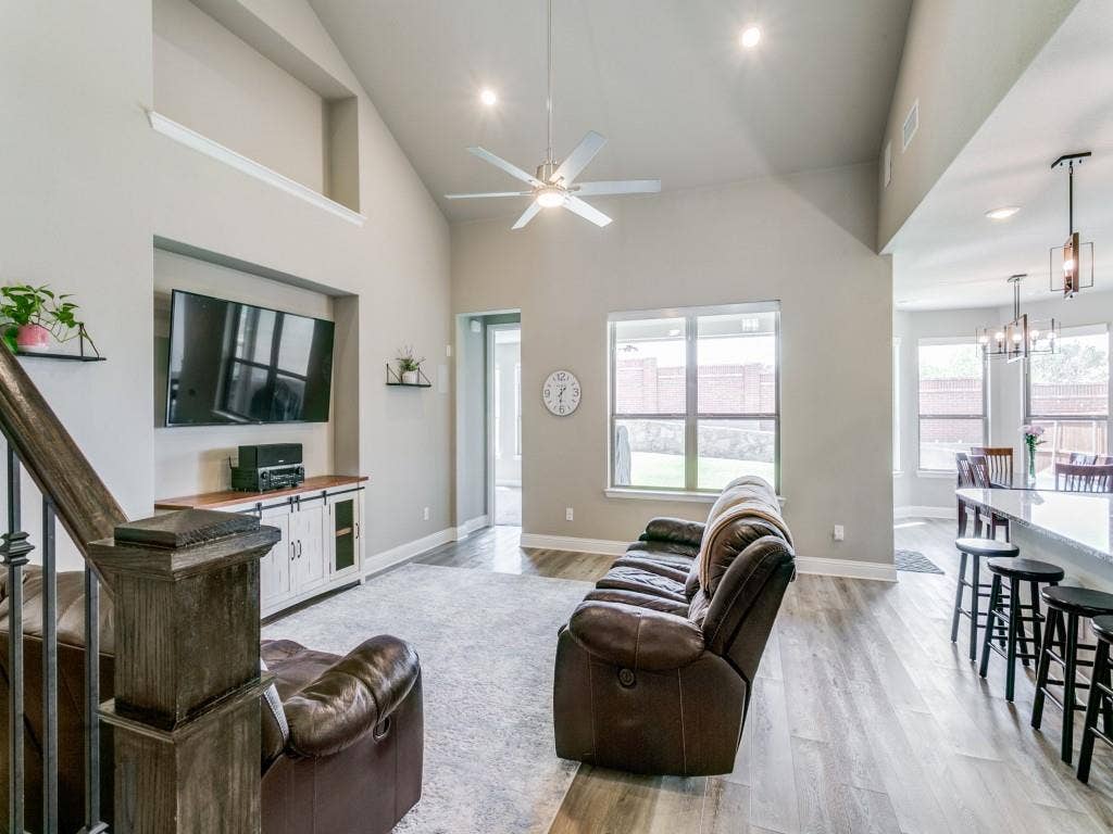 Another view of the gorgeous living room open to the kitchen