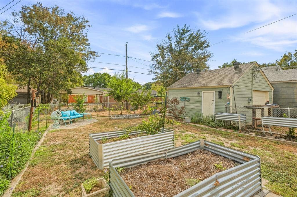 Backyard with multiple raised garden beds.