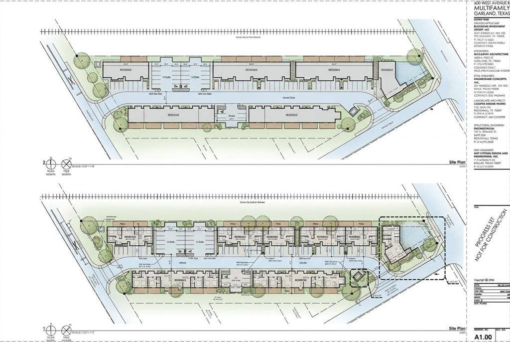 600 W Avenue D, Garland, TX 75040 Architectural Drawing, Site Plan. Illustrating the property layout and proposed multi-unit structures