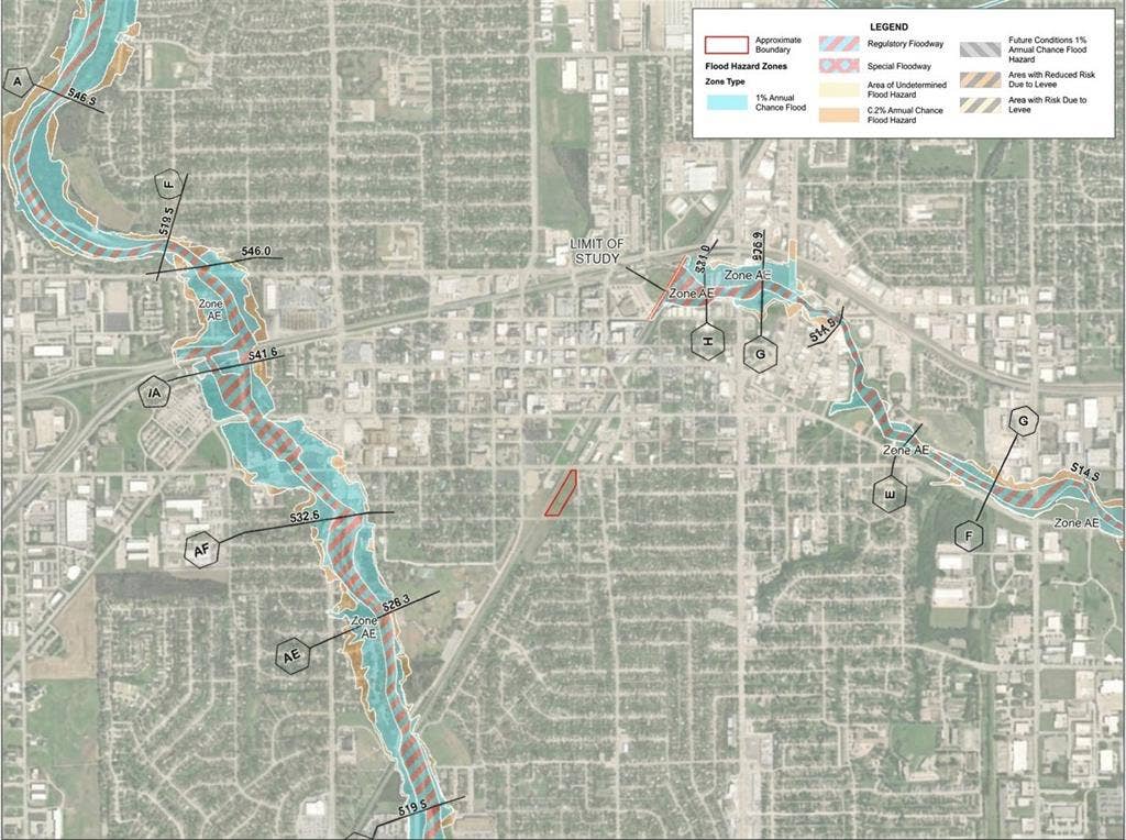 600 W Avenue D, Garland, TX 75040 Flood Hazard Map. Illustrating flood hazard zones and types within the study area, including specific floodway and chance flood designations for the property