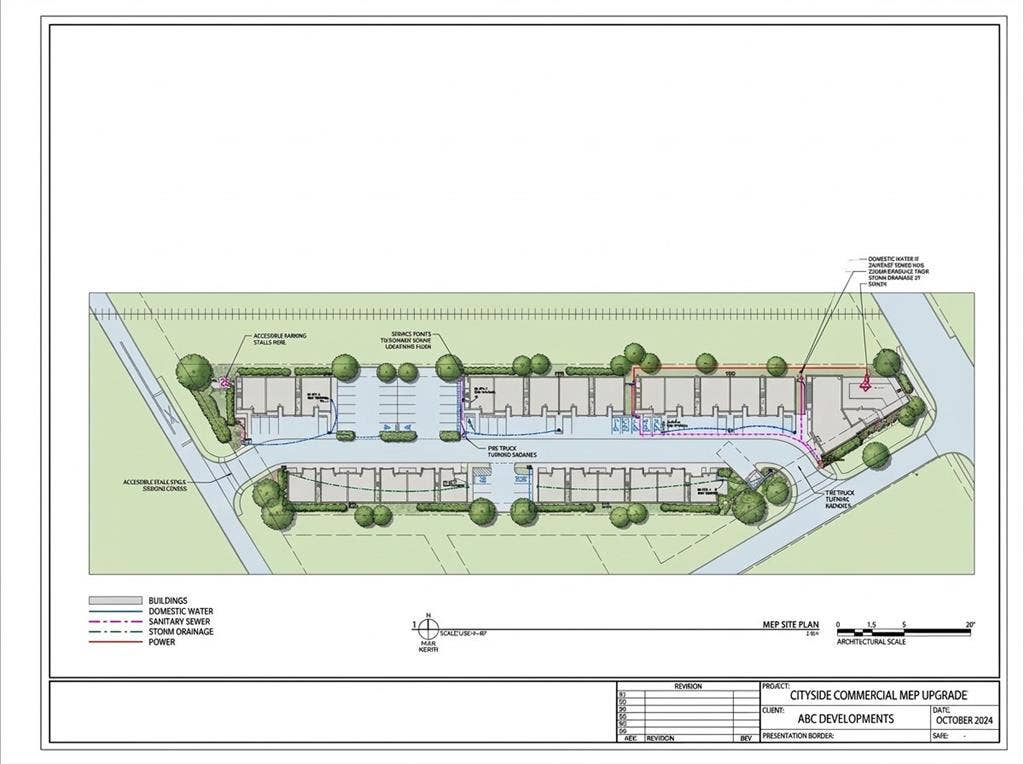 600 W Avenue D, Garland, TX 75040 MEP Site Plan. Illustrating mechanical, electrical, and plumbing upgrades for the property