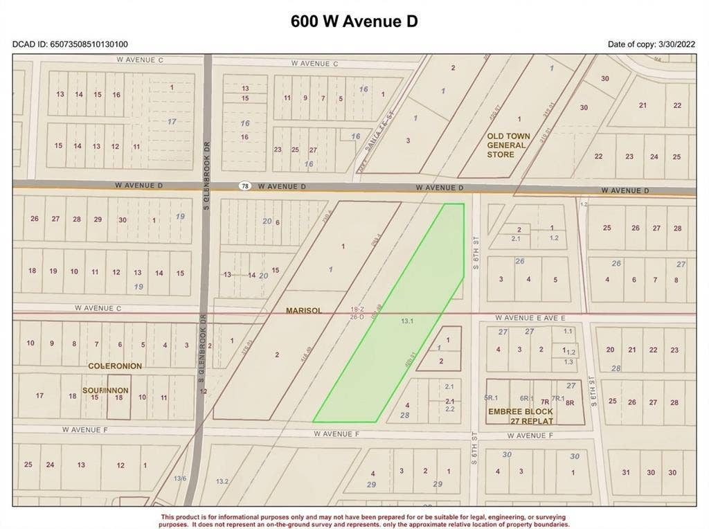 600 W Avenue D, Garland, TX 75040 Property Survey Map. Illustrating the property boundaries and surrounding parcels with identifying information