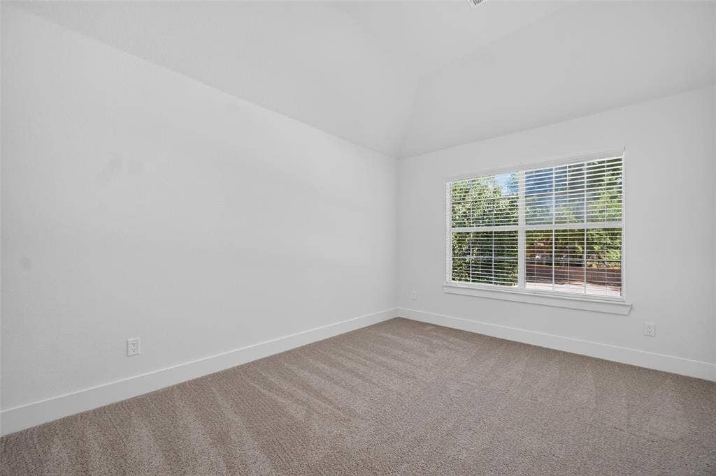 705 N Jordan Road, McKinney, TX 75071 Vaulted ceiling, neutral tone walls, carpeted flooring, and a window with blinds