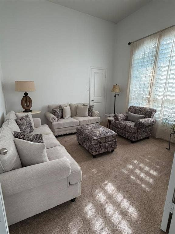 7610 Graystone Drive, Sachse, TX 75048 Vaulted ceiling, neutral wall paint, carpeted flooring, and a window with natural light