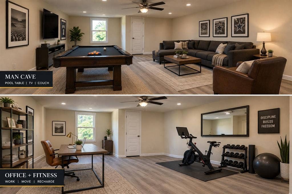 Some inspiration for the upstairs garage.  This image is virtually enhanced using AI for the sole purpose of showing what could be done with this space.  Proper dimensions were used to enhance image.  Neither image takes into consideration the 4x5 nook for a beverage station on the back left side of image.