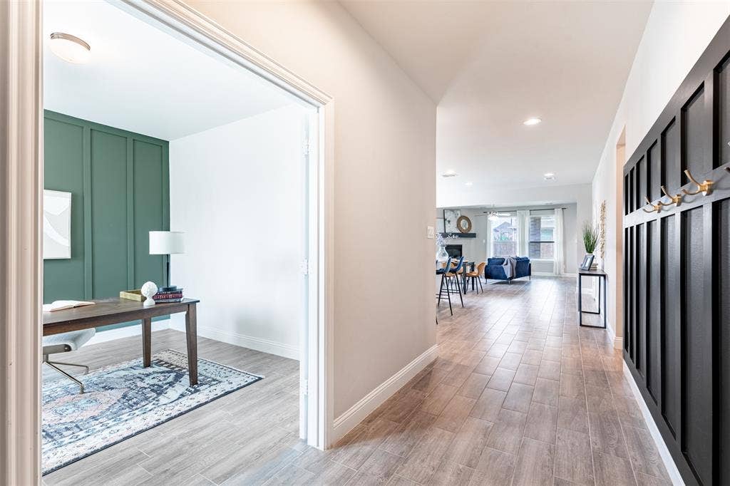 405 Rosie Court, Argyle, TX 76226 Dedicated home office just off the front entry, thoughtfully separated from the kitchen and main living spaces for a quiet, private workspace.