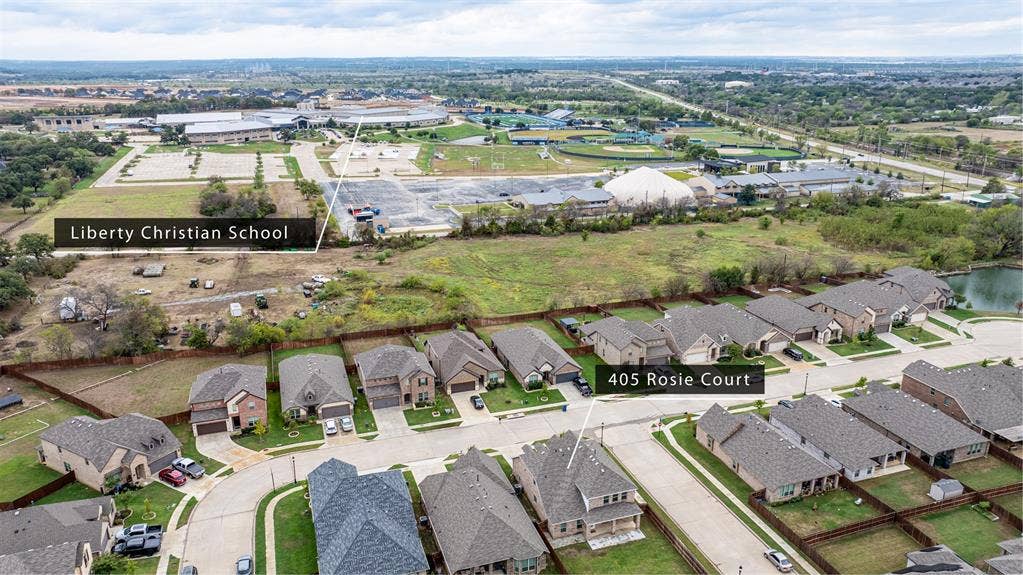 405 Rosie Court, Argyle, TX 76226 Aerial view showcasing the home’s convenient proximity to Liberty Christian Academy and Argyle ISD, offering families flexible private and public school options for their children’s education.