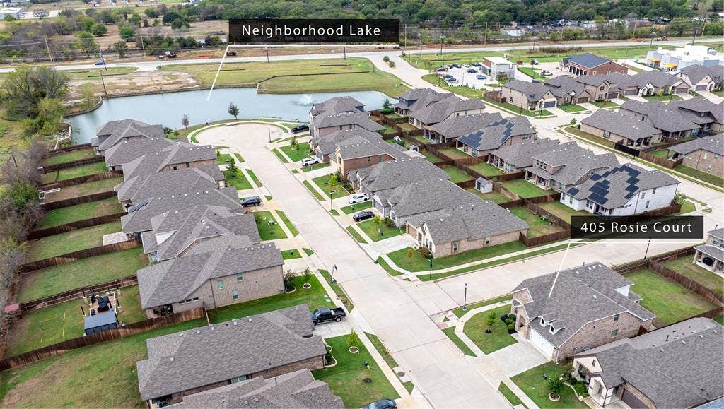 405 Rosie Court, Argyle, TX 76226 Aerial neighborhood view showcasing the established community, surrounding homes, spacious streets, and desirable Argyle ISD location.