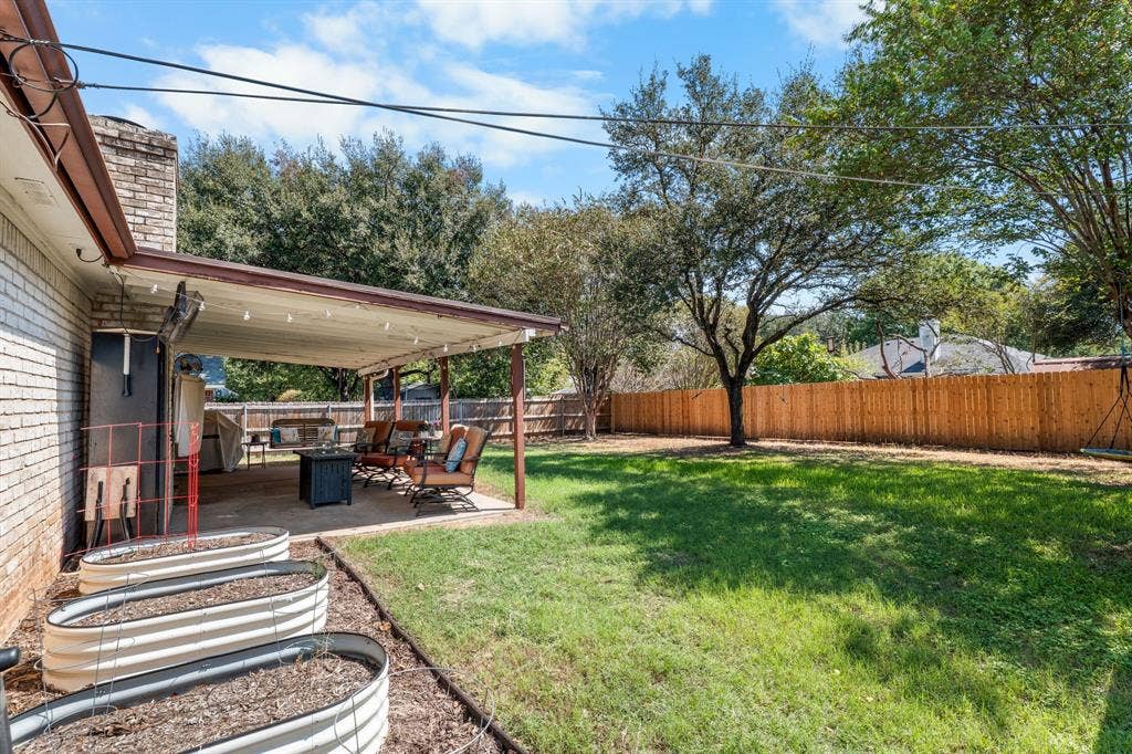 10712 Apache Drive, Waco, TX 76712 Expansive backyard featuring a covered patio, manicured lawn, and privacy fencing