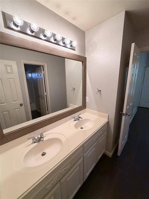 8100 Purple Martin Way, McKinney, TX 75072 Double vanity with integrated sinks, framed mirror, and overhead strip lighting