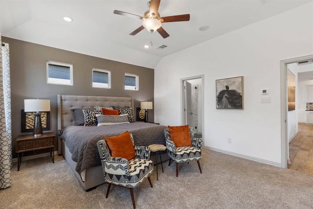 1456 Kit King Drive, Little Elm, TX 75036 Carpeted bedroom featuring a vaulted ceiling with a ceiling fan and recessed lighting